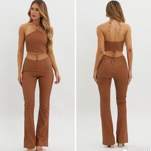 Selfie Leslie faux leather Brown Halter party Jumpsuit M
